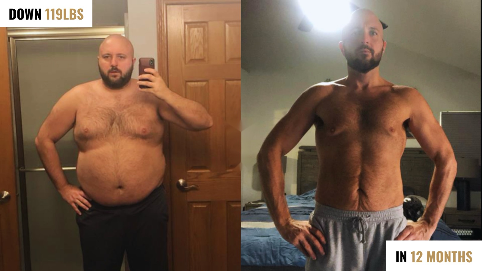 Before and after: down 119 lbs in 12 months
