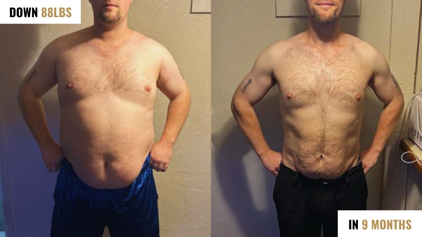 Before and after: down 88 lbs in 9 months