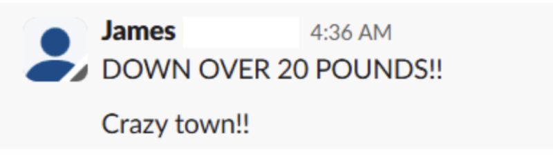 Text: down over 20 pounds, crazy town