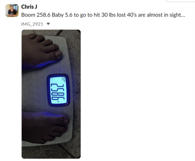 Scale photo: 30 pounds lost, 40s almost in sight